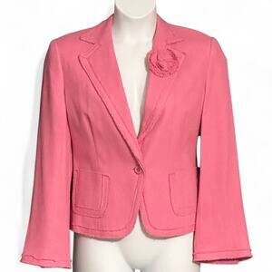 Nygard Pink Silk Blend Blazer Jacket Sz 12 Fringe Trim Flower Accent Career Chic